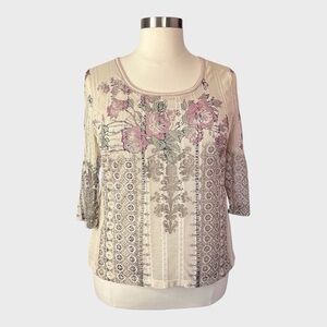 Vanilla Sugar Floral Patchwork Print Three Quarter Sleeve Mesh Top